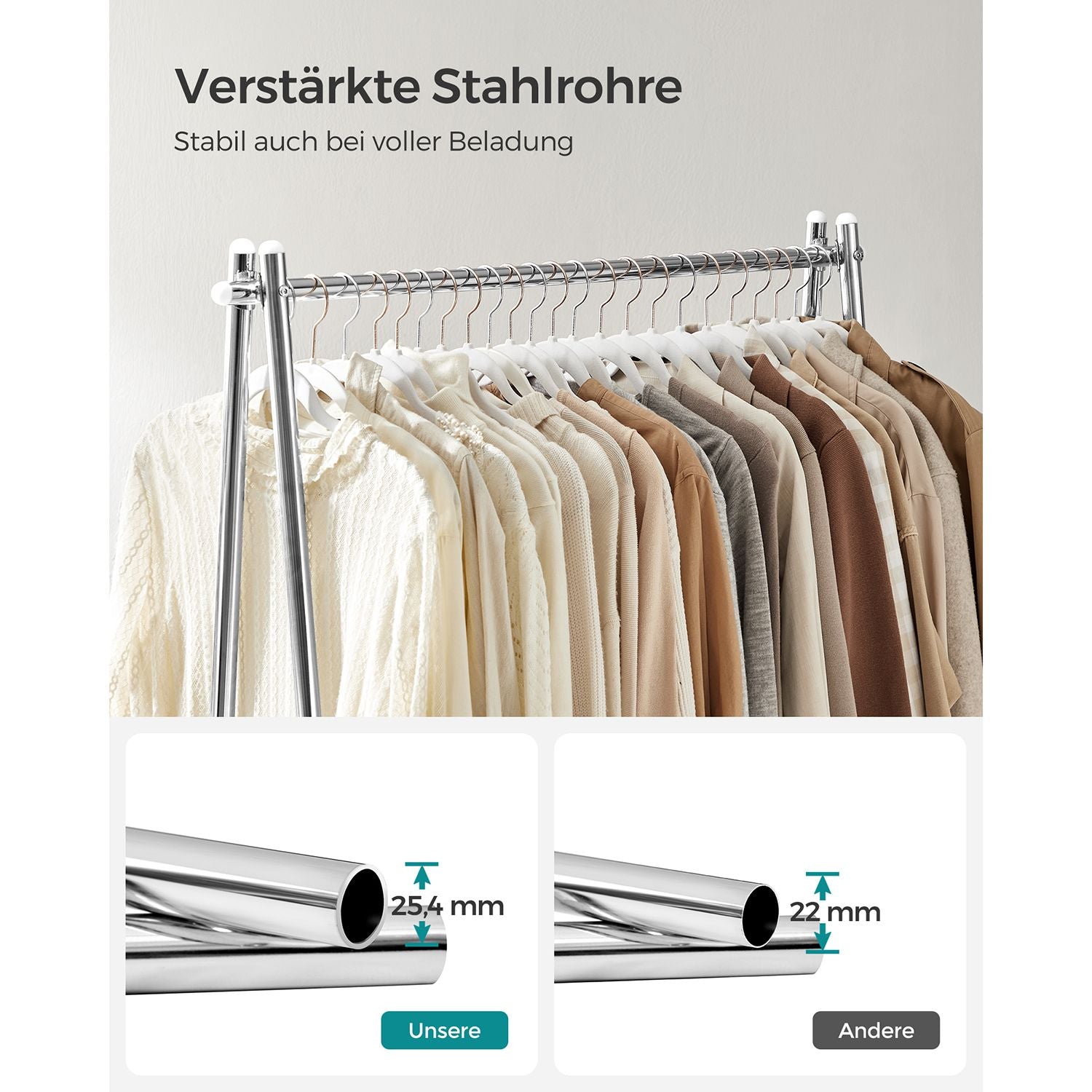 Kledingrek – staal – met zilveren plank