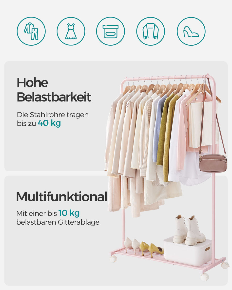 Kledingrek – 40,5 x 91 x 158 cm – Met wielen – Goudkleurige plank – Tot 40 kg draagvermogen