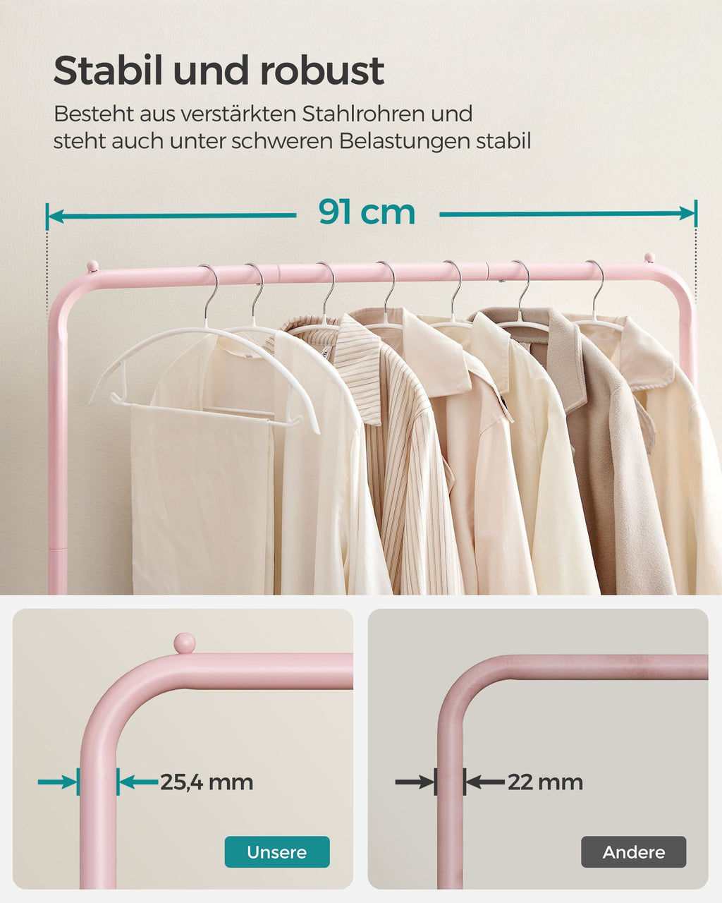 Kledingrek 91 Cm Breed Op Pastelroze Wielen
