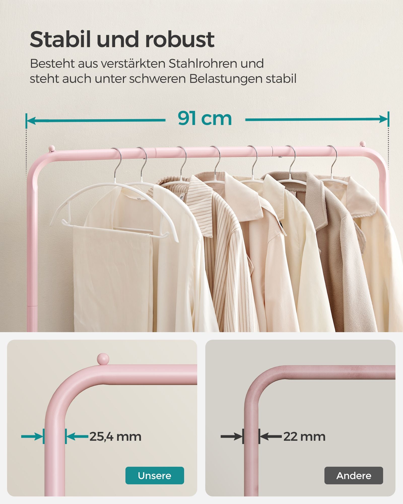 Kledingrek – 40,5 x 91 x 158 cm – Met wielen – Goudkleurige plank – Tot 40 kg draagvermogen