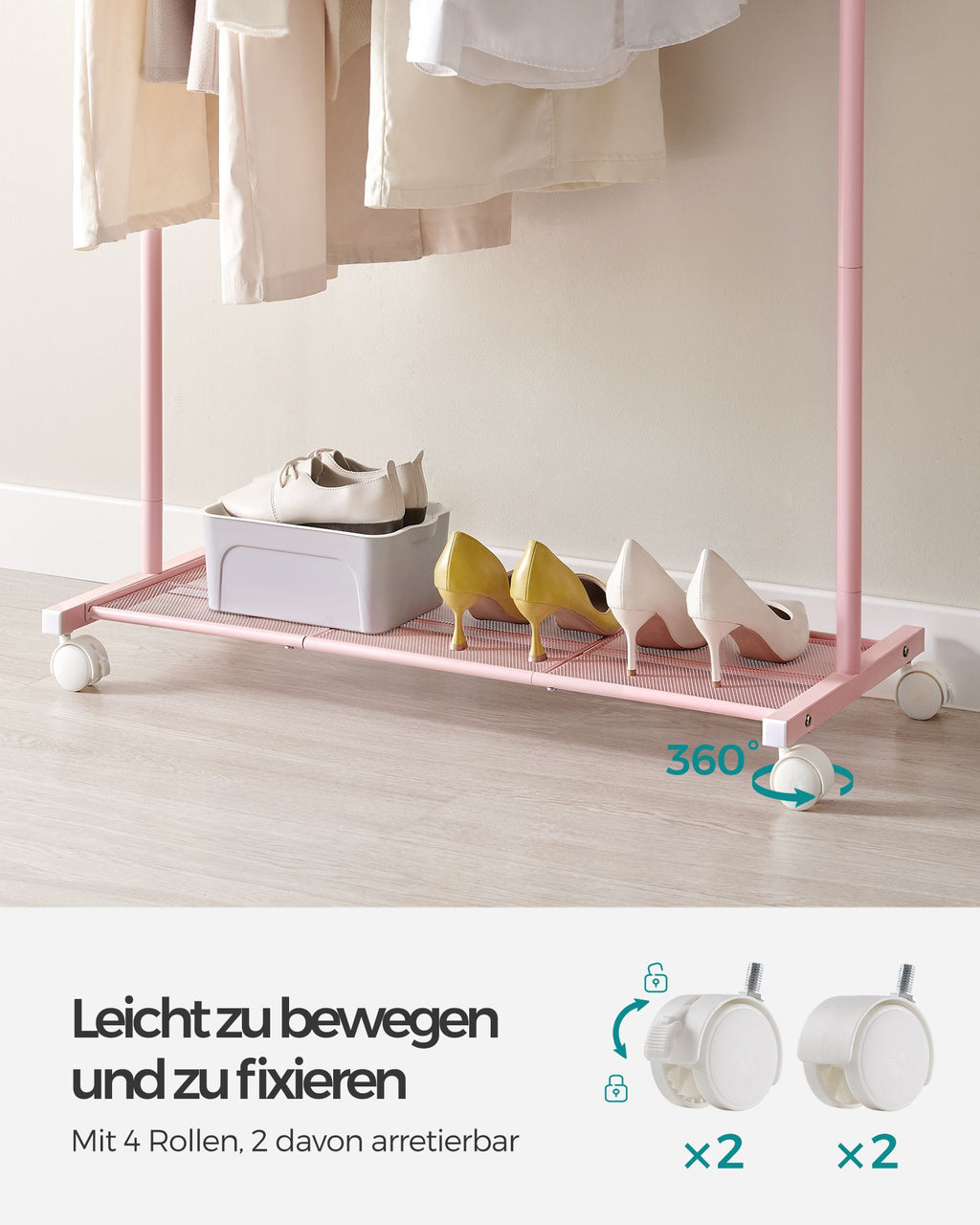 Kledingrek 91 Cm Breed Op Pastelroze Wielen