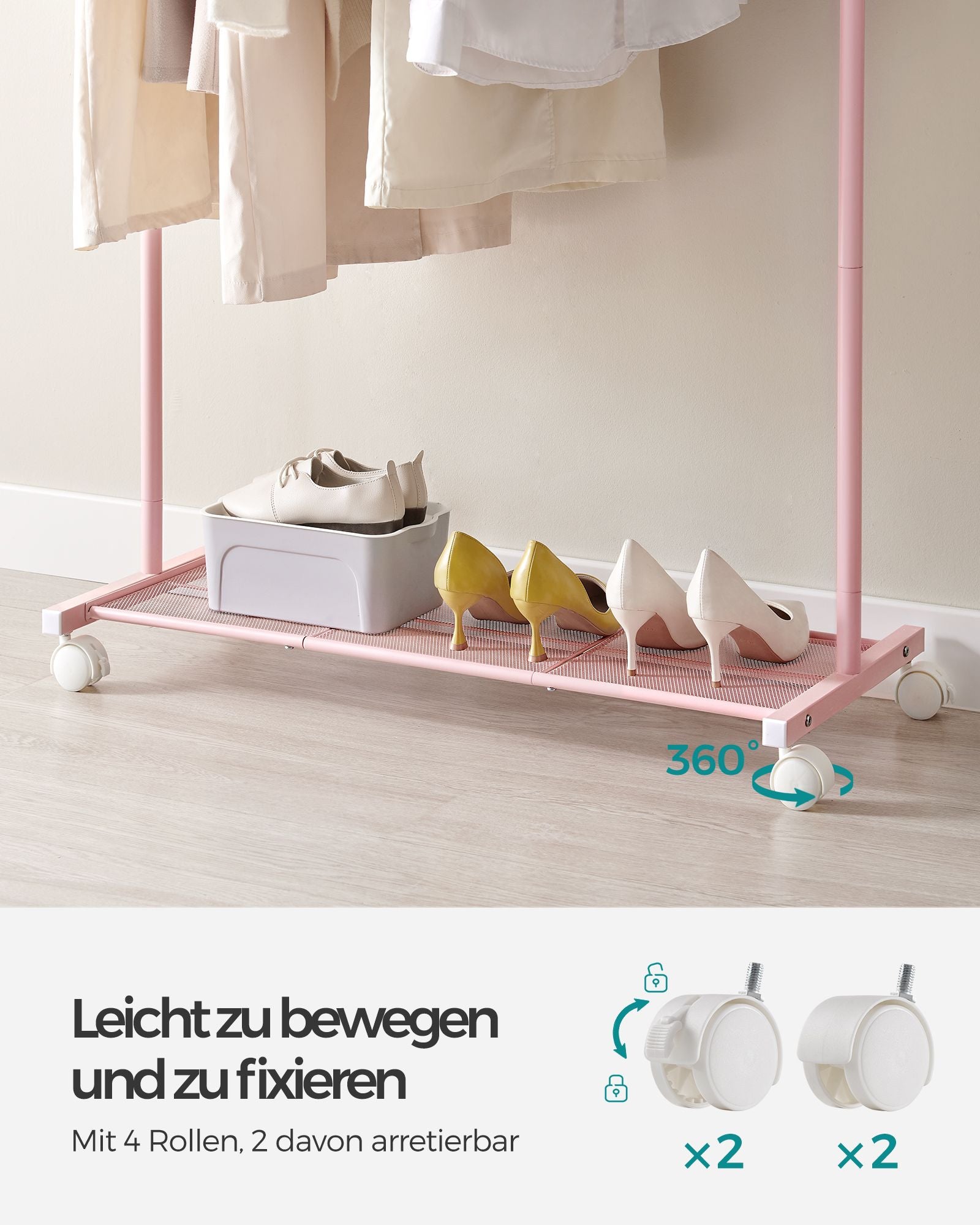 Kledingrek – 40,5 x 91 x 158 cm – Met wielen – Goudkleurige plank – Tot 40 kg draagvermogen