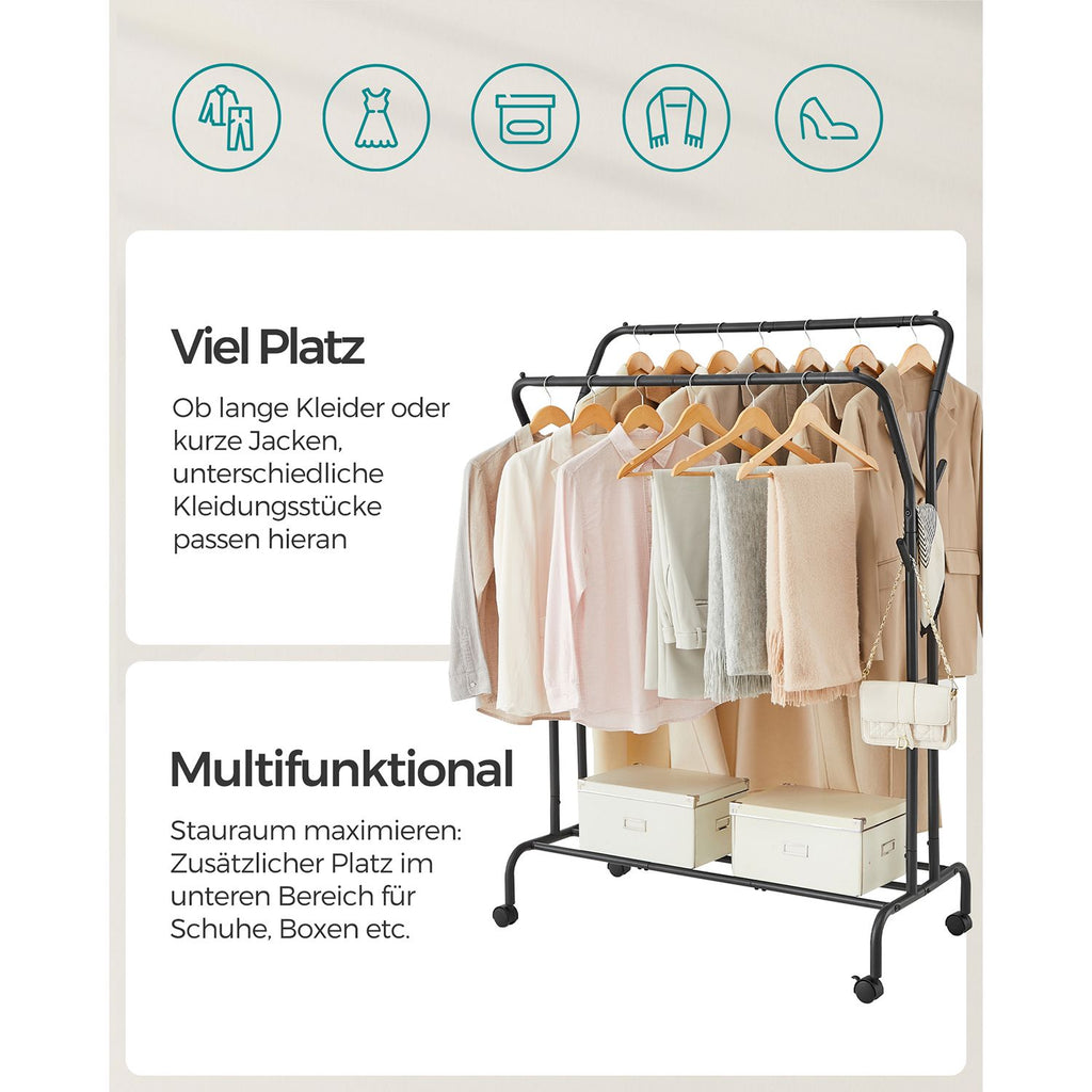 Kledingrek – op wielen – 2 kledingroedes – zwart