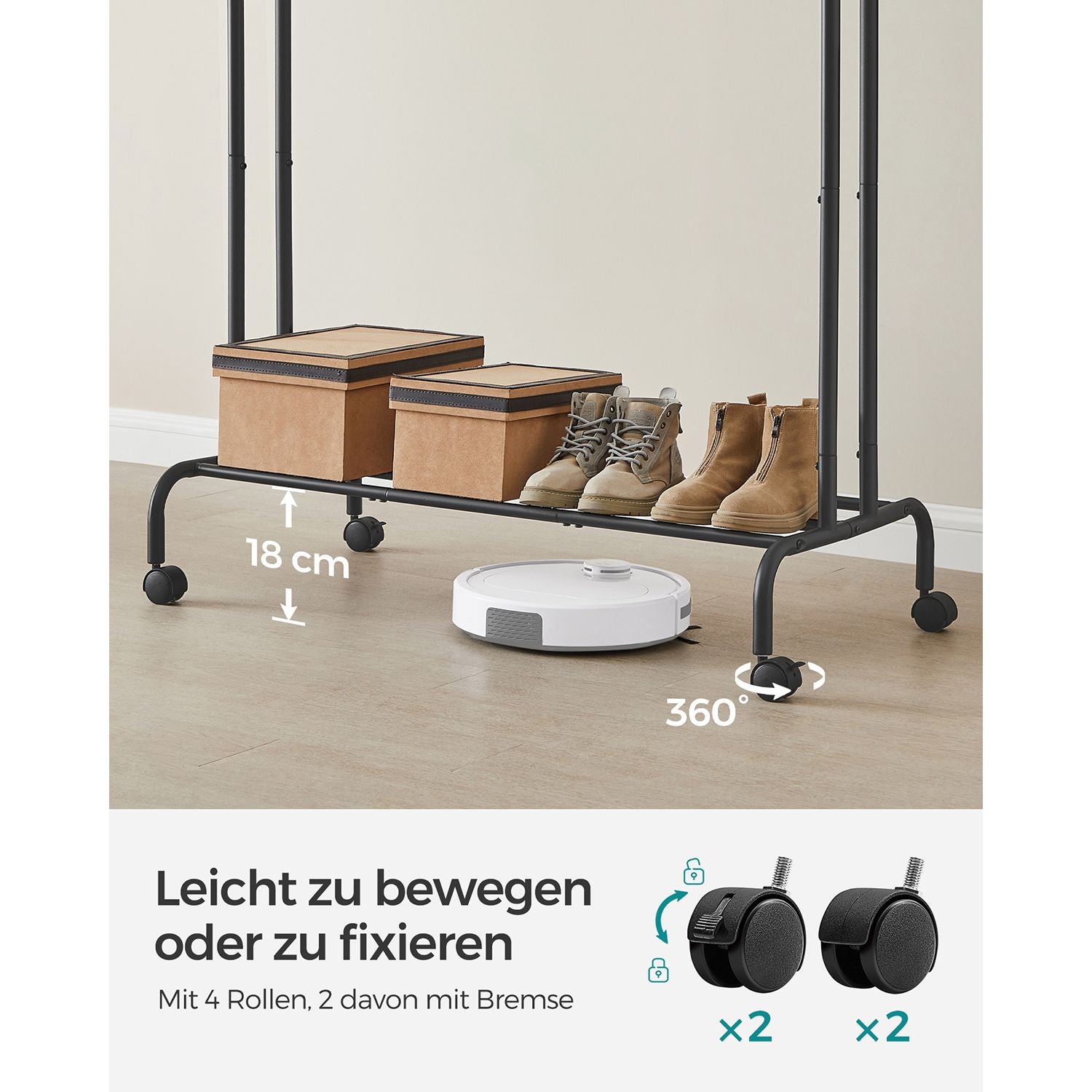 Kledingrek met 2 roedes – Op wielen – 42 cm luchtcirculatie – Tot 100 kg draagvermogen