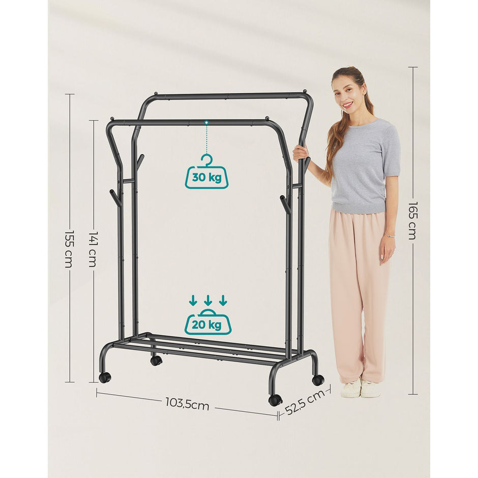 Kledingrek met 2 roedes – Op wielen – 42 cm luchtcirculatie – Tot 100 kg draagvermogen