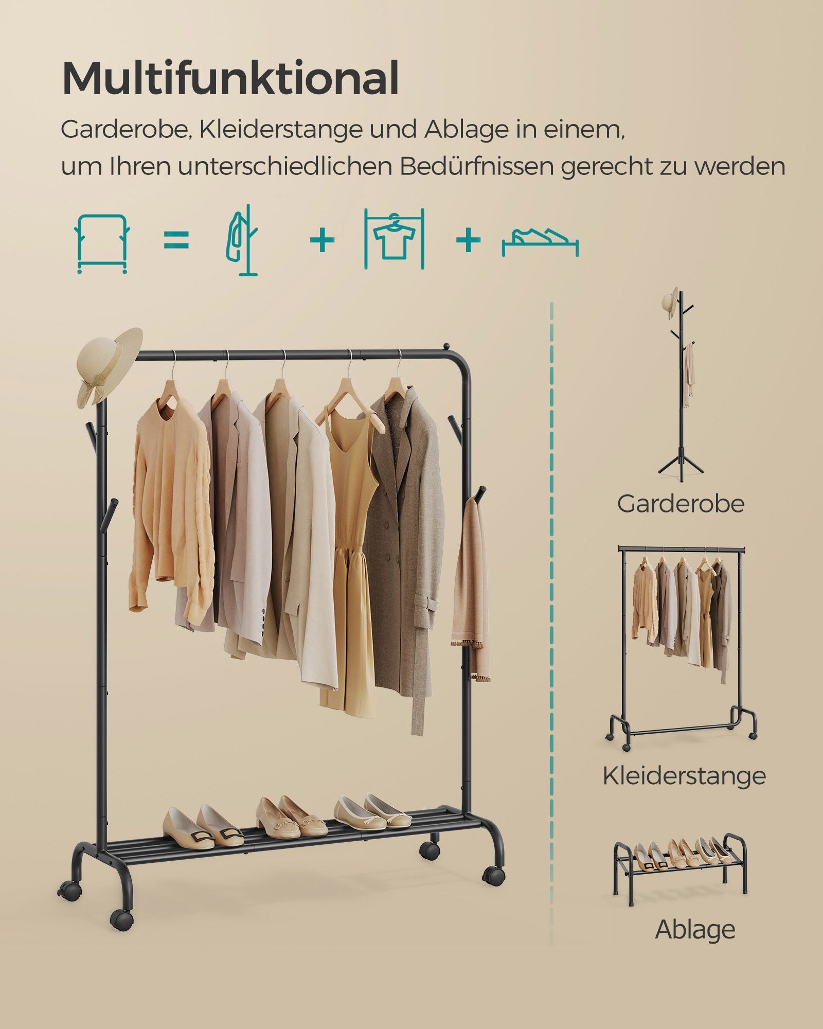 Kledingrek op wielen – Staal – Inktzwart