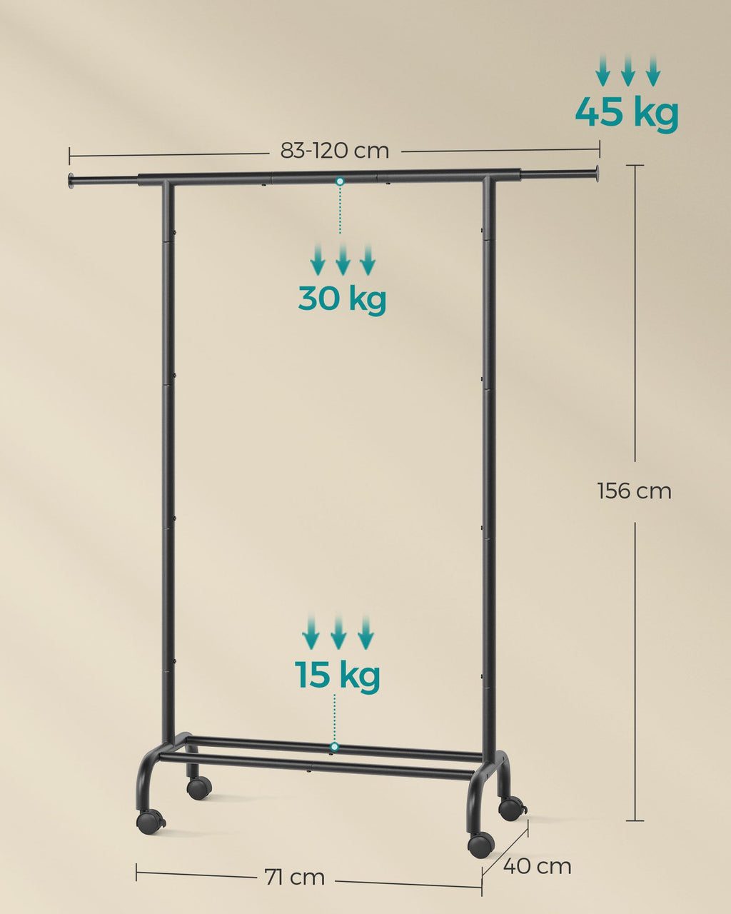 Kledingrek Op Wielen Met Een Draagvermogen Tot 45 Kg, Inktzwart