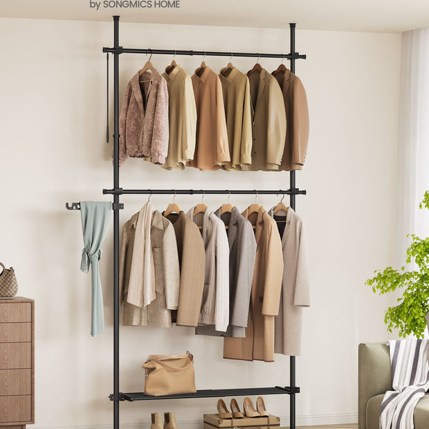 Kledingrek 33,5 x (84-123) x (208-310) cm – Mat zwart – Staal – Tot 47,5 kg draagvermogen