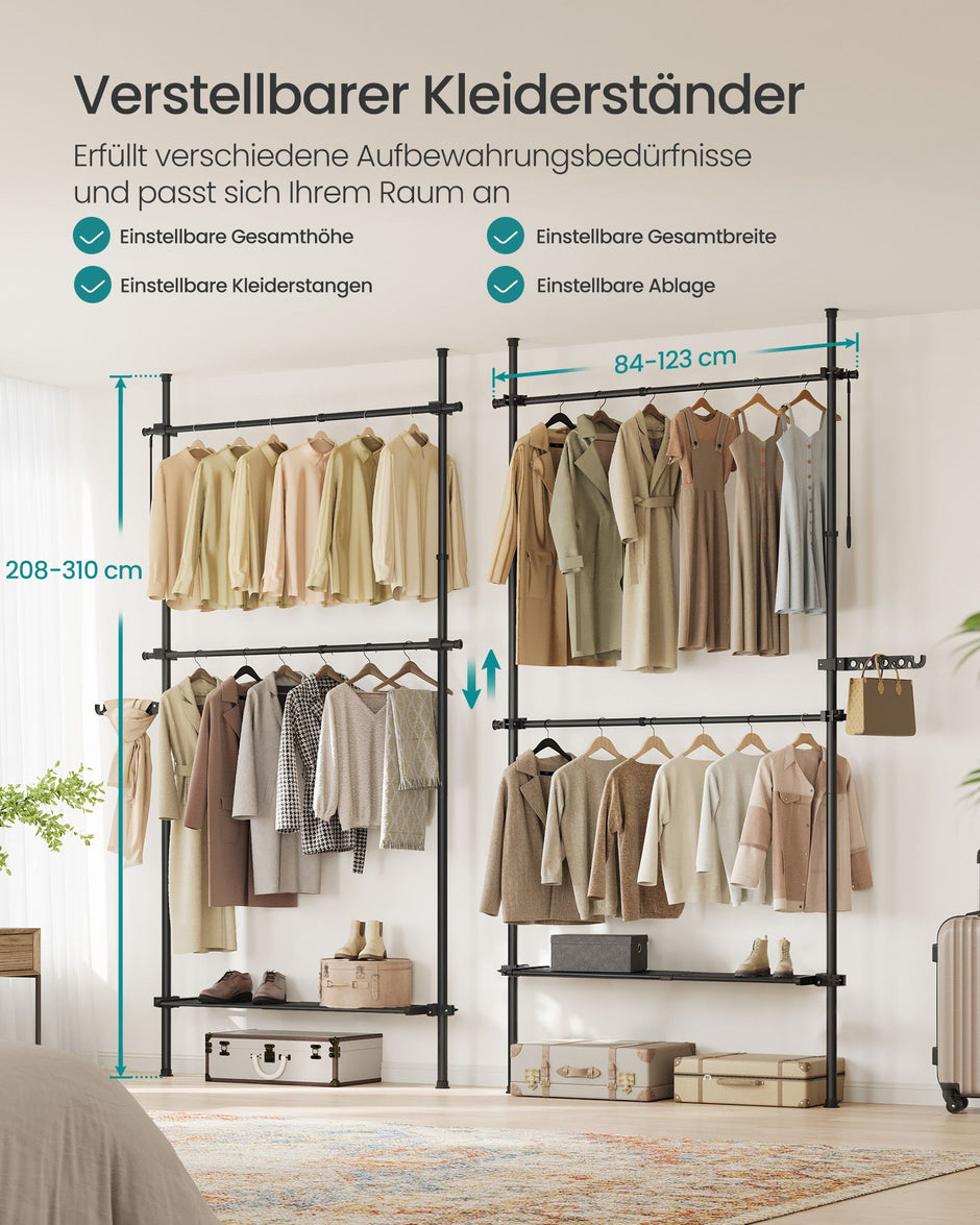 Kledingrek 33,5 x (84-123) x (208-310) cm – Mat zwart – Staal – Tot 47,5 kg draagvermogen