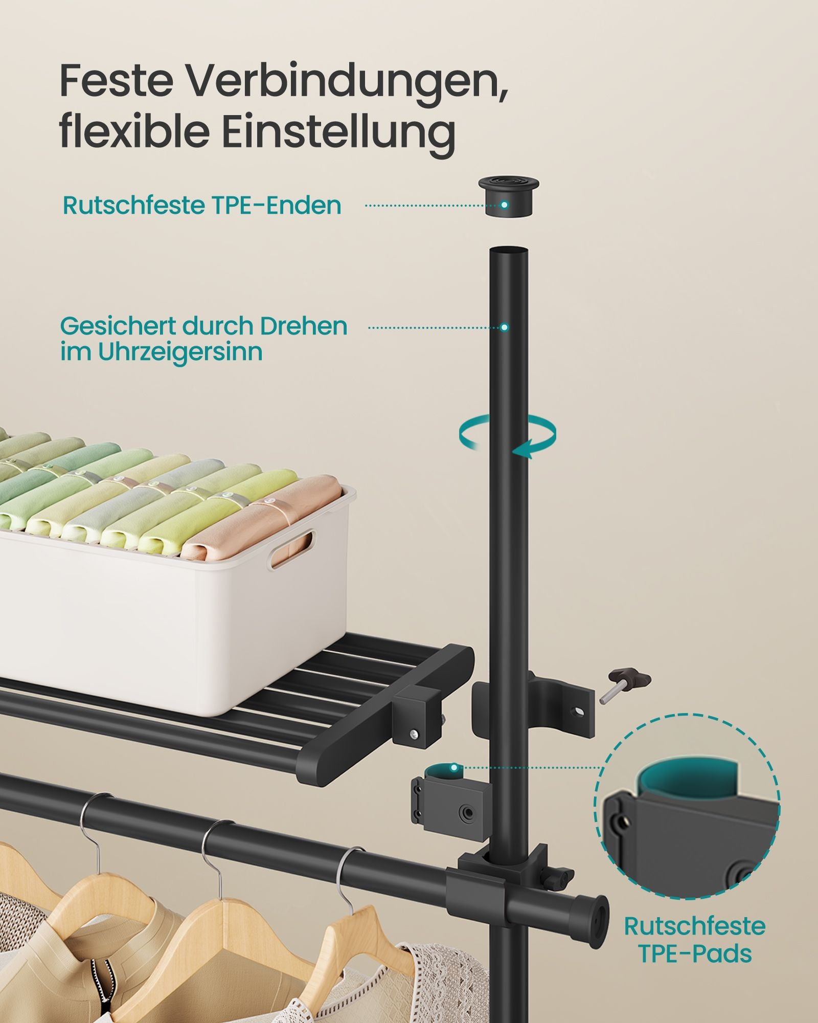 Kledingrek 33,5 x (84-123) x (208-310) cm – Mat zwart – Staal – Tot 47,5 kg draagvermogen