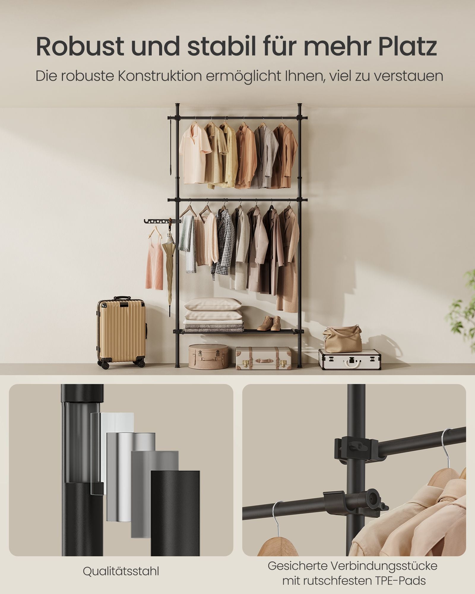 Kledingrek 33,5 x (84-123) x (208-310) cm – Mat zwart – Staal – Tot 47,5 kg draagvermogen