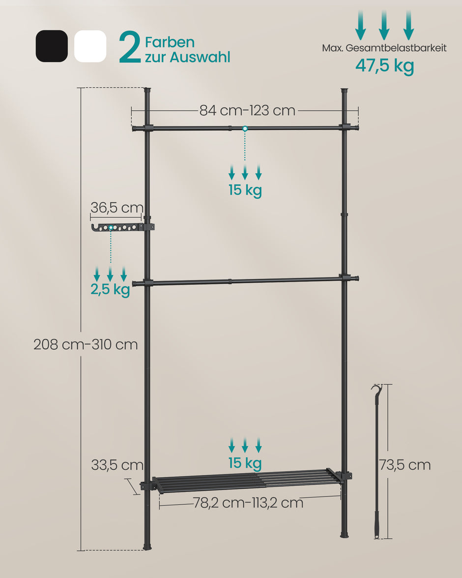 Kledingrek 33,5 x (84-123) x (208-310) cm – Mat zwart – Staal – Tot 47,5 kg draagvermogen