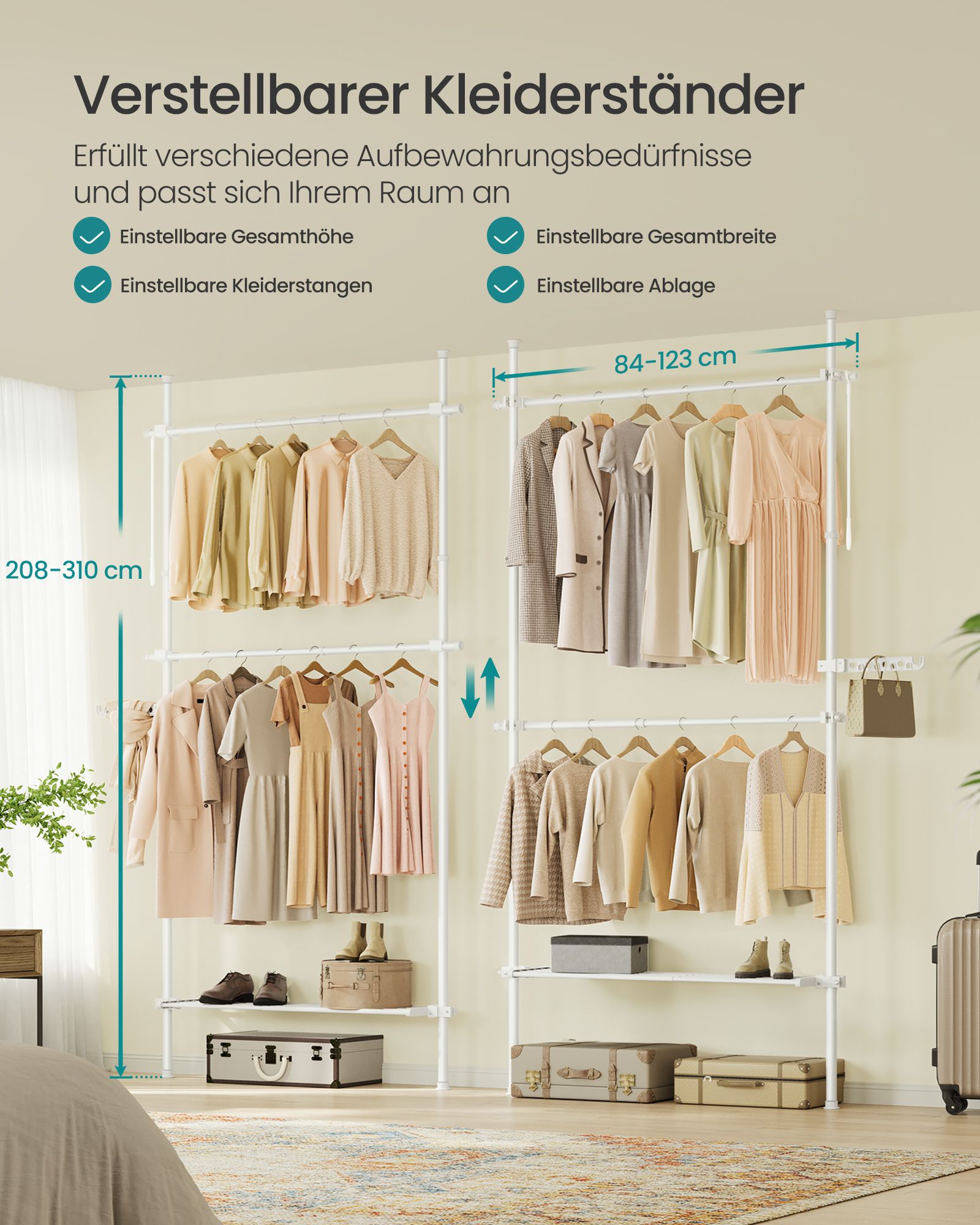 Kledingrek – 33,5 x (84-123) x (208-310) cm – Verstelbaar in hoogte en breedte – Met legplank – Tot 47,5 kg draagvermogen