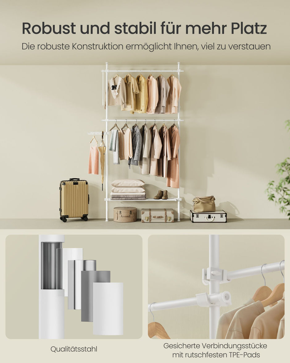 Kledingrek – 33,5 x (84-123) x (208-310) cm – Verstelbaar in hoogte en breedte – Met legplank – Tot 47,5 kg draagvermogen