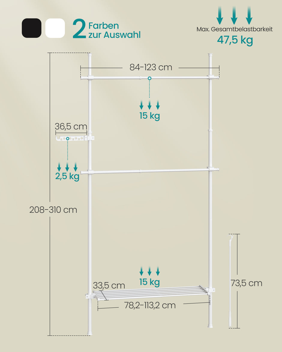 Kledingrek – 33,5 x (84-123) x (208-310) cm – Verstelbaar in hoogte en breedte – Met legplank – Tot 47,5 kg draagvermogen