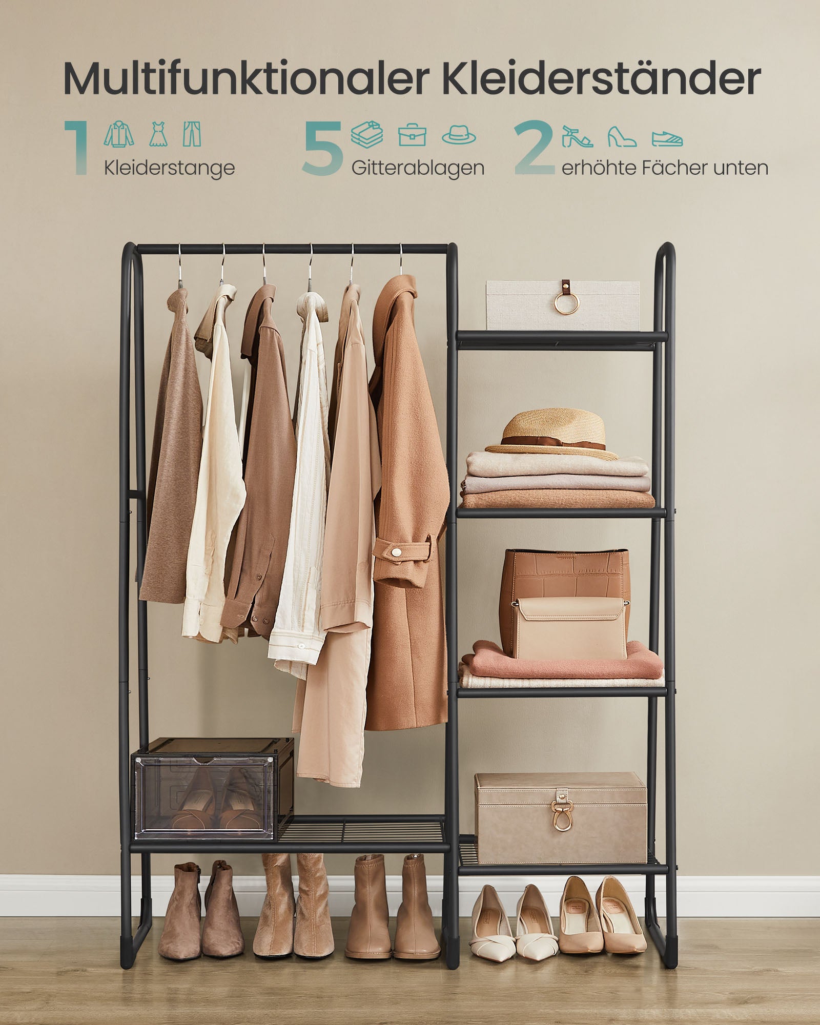 Kledingrek – 40 x 101,7 x 153,3 cm – Met legplanken – Tot 25 kg aan de hangstang – Tot 70 kg totaal