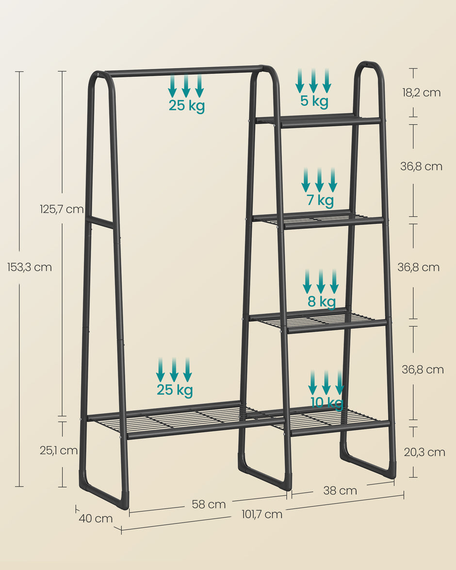 Kledingrek – 40 x 101,7 x 153,3 cm – Met legplanken – Tot 25 kg aan de hangstang – Tot 70 kg totaal