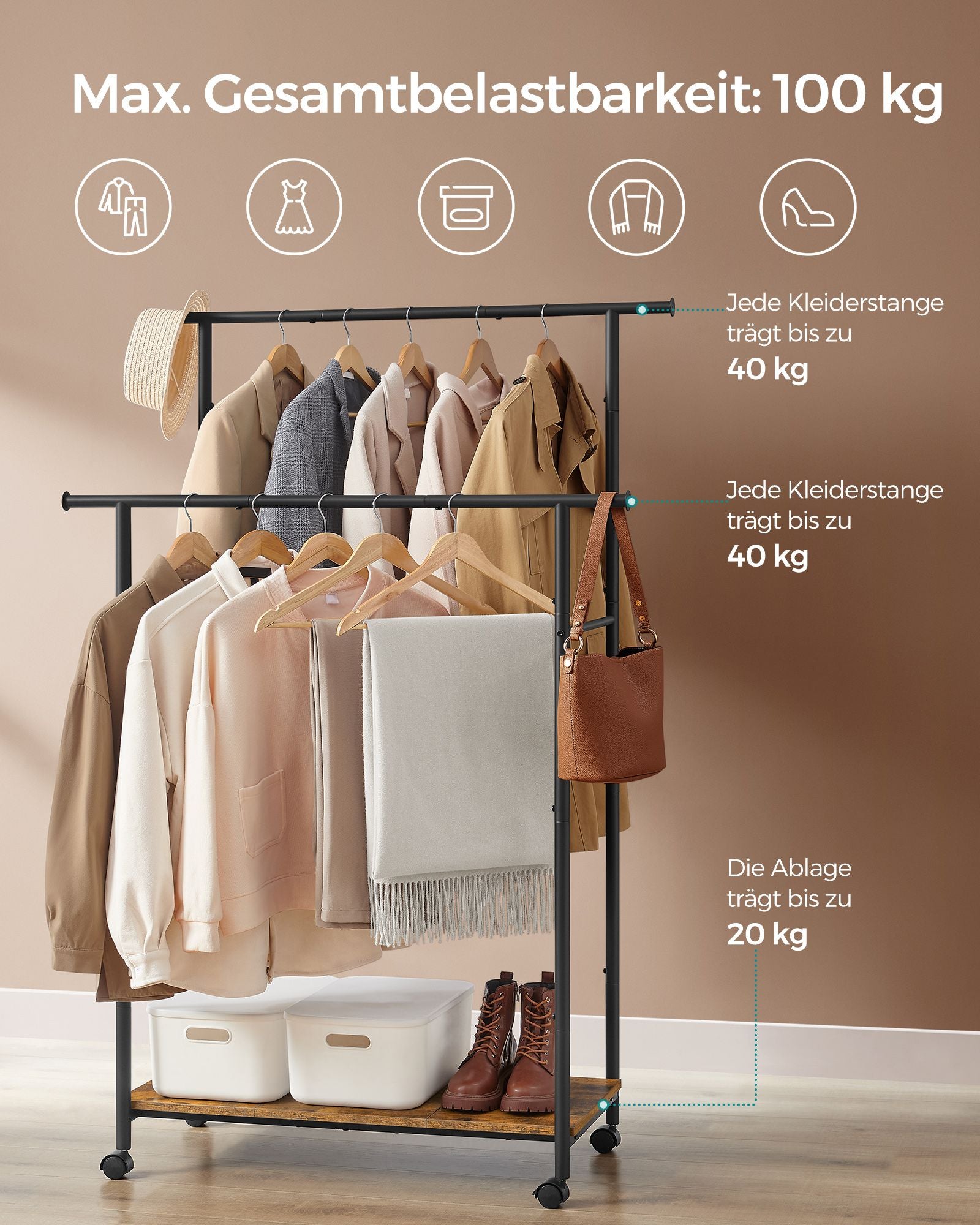 Kledingrek 100 cm breed – Op wielen – 360° draaibare wielen – Tot 40 kg draagvermogen – Met legplank