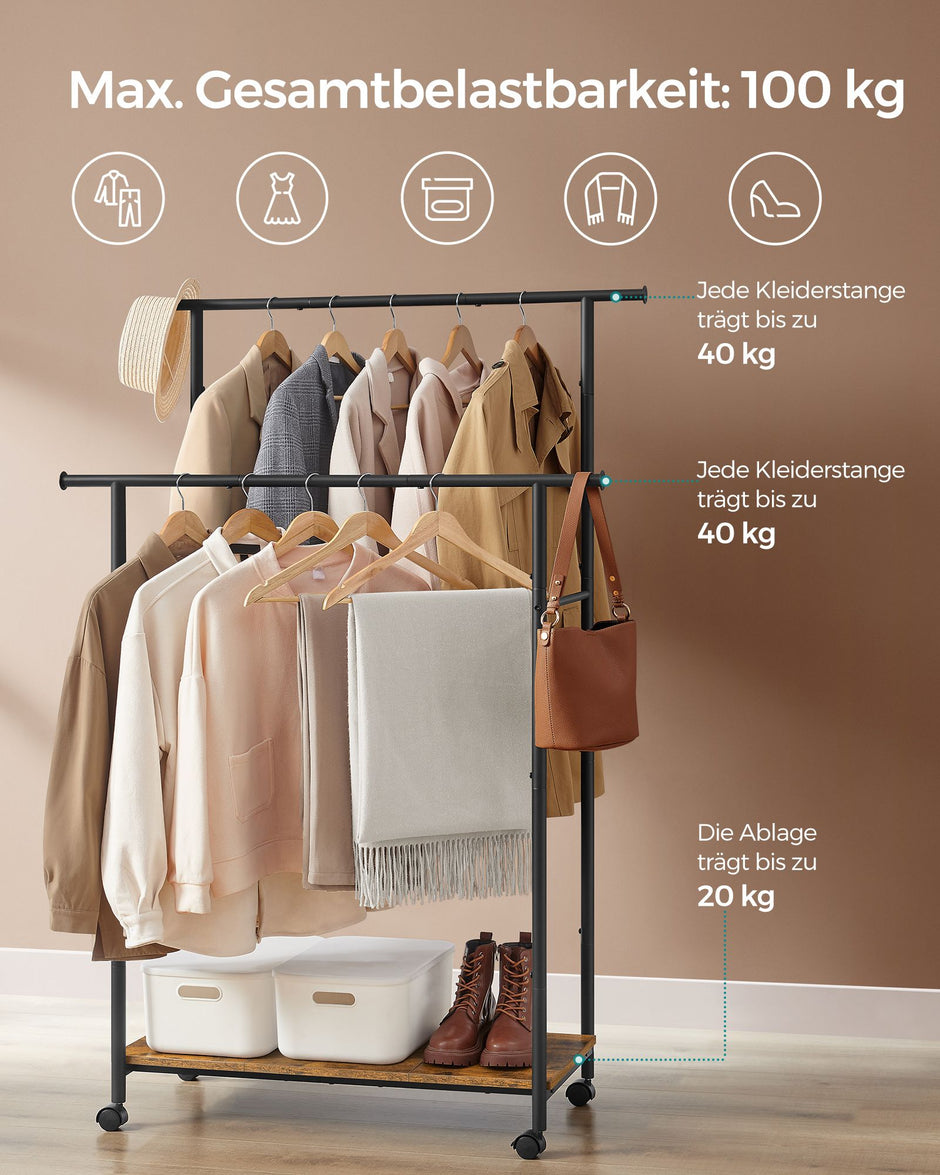 Kledingrek 100 cm breed – Op wielen – 360° draaibare wielen – Tot 40 kg draagvermogen – Met legplank