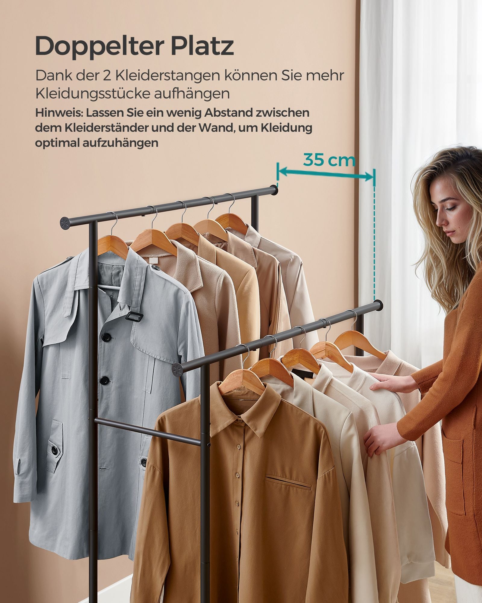Kledingrek 100 cm breed – Op wielen – 360° draaibare wielen – Tot 40 kg draagvermogen – Met legplank