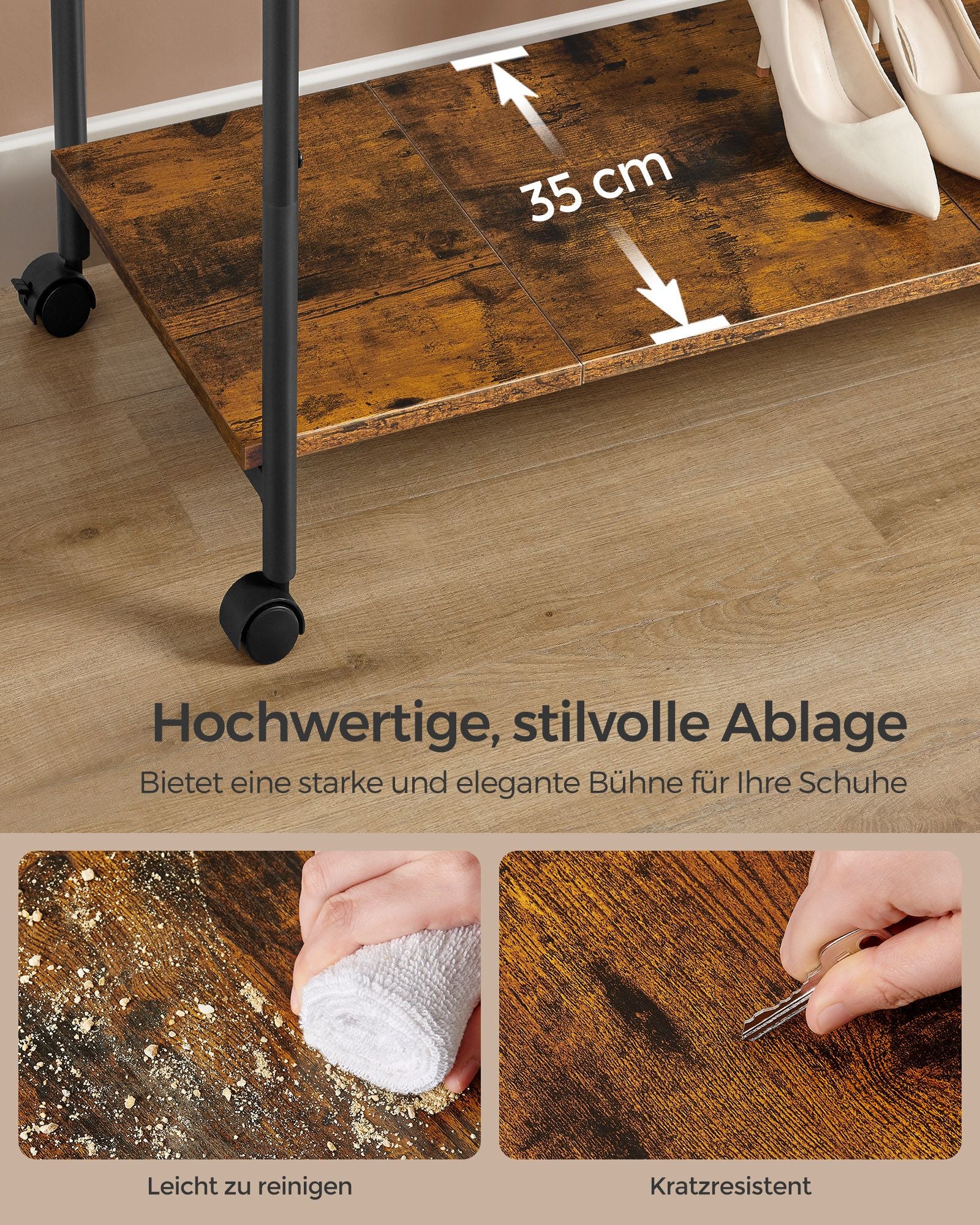 Kledingrek 100 cm breed – Op wielen – 360° draaibare wielen – Tot 40 kg draagvermogen – Met legplank