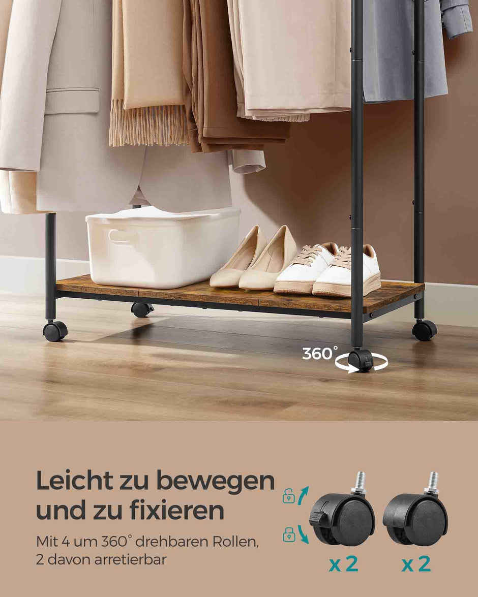 Kledingrek 100 cm breed – Op wielen – 360° draaibare wielen – Tot 40 kg draagvermogen – Met legplank