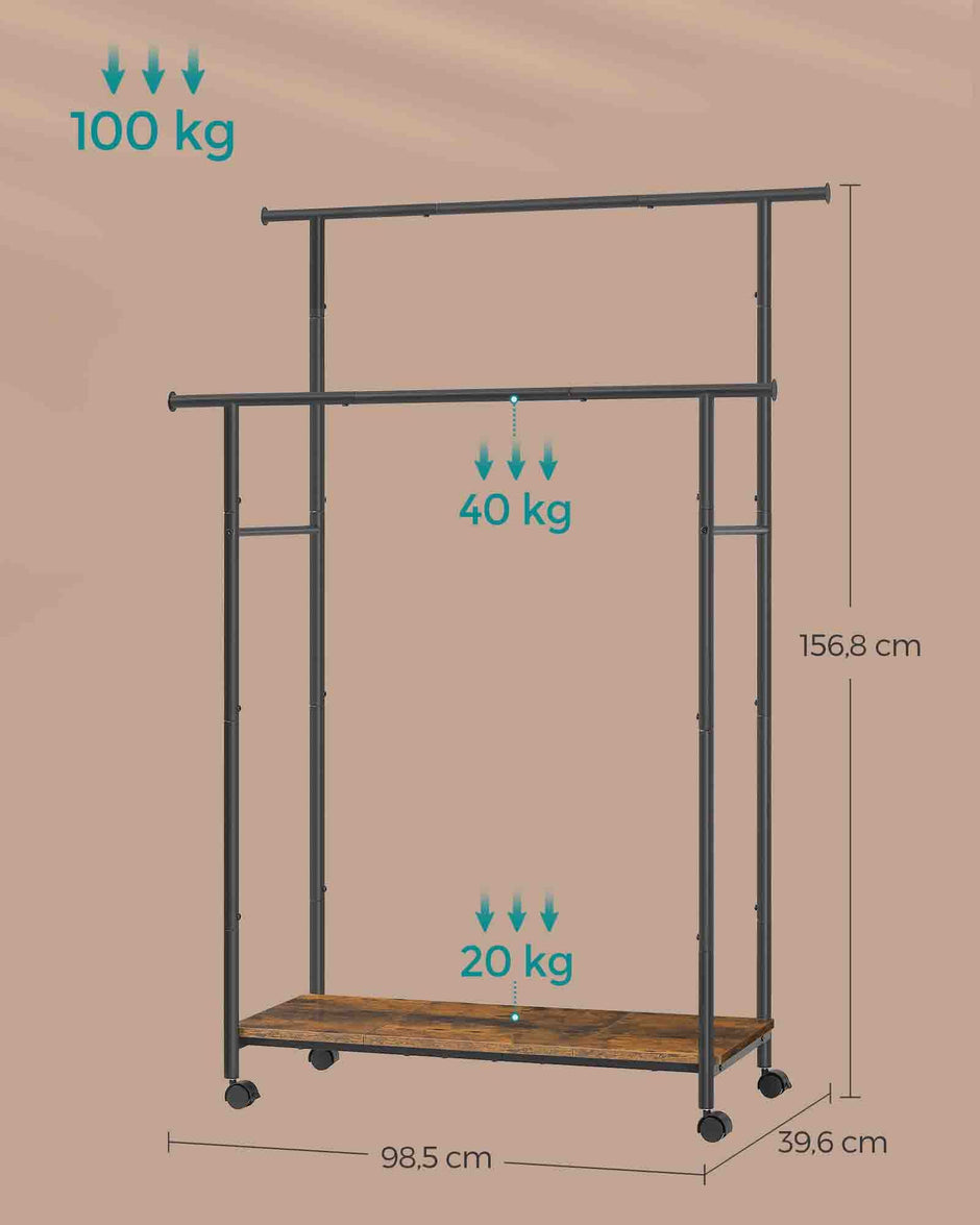 Kledingrek 100 cm breed – Op wielen – 360° draaibare wielen – Tot 40 kg draagvermogen – Met legplank