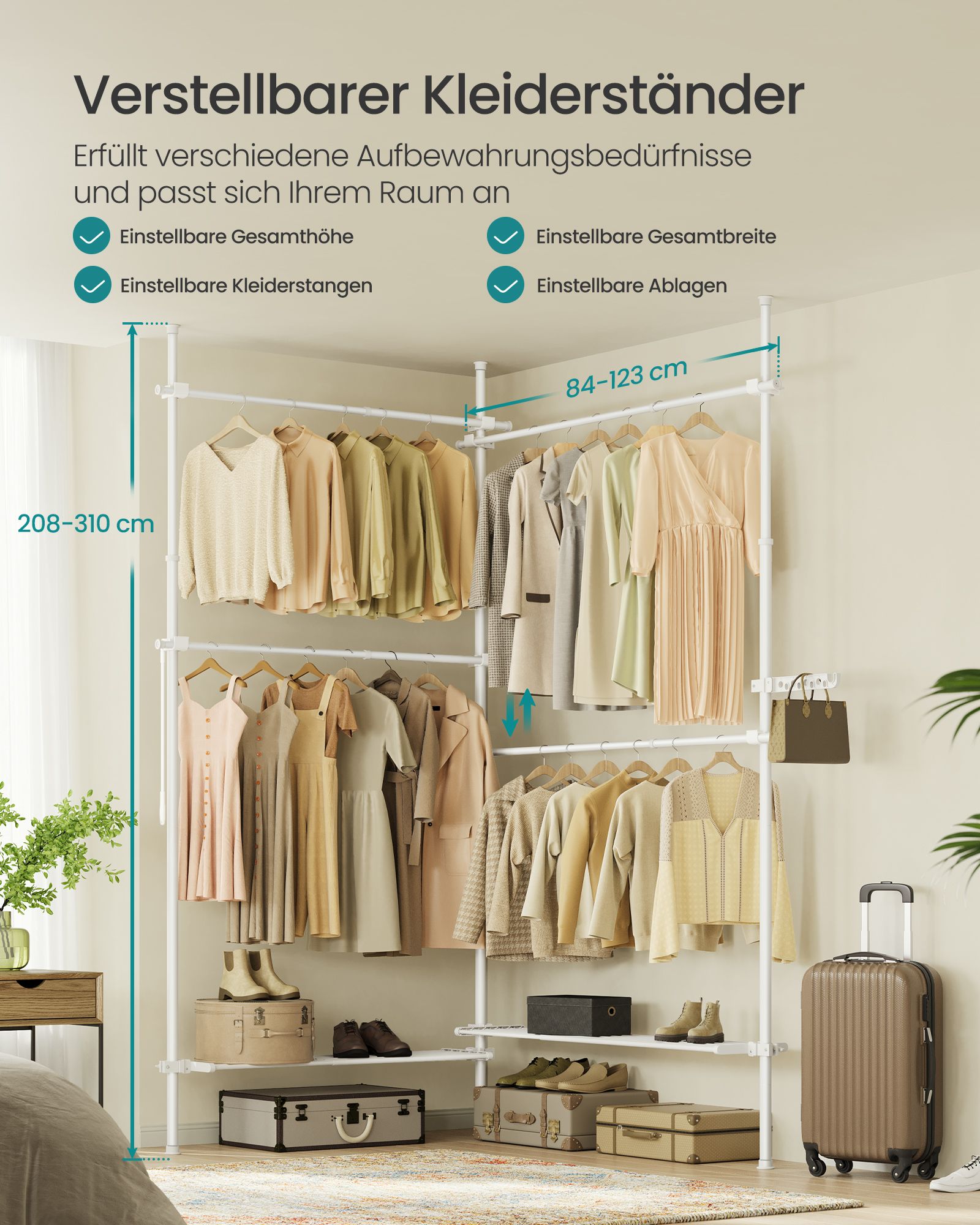 Verstelbaar kledingrek 33,5 x (162-238) x (208-310) cm – Max. 92,5 kg draagvermogen – Met 3 niveaus