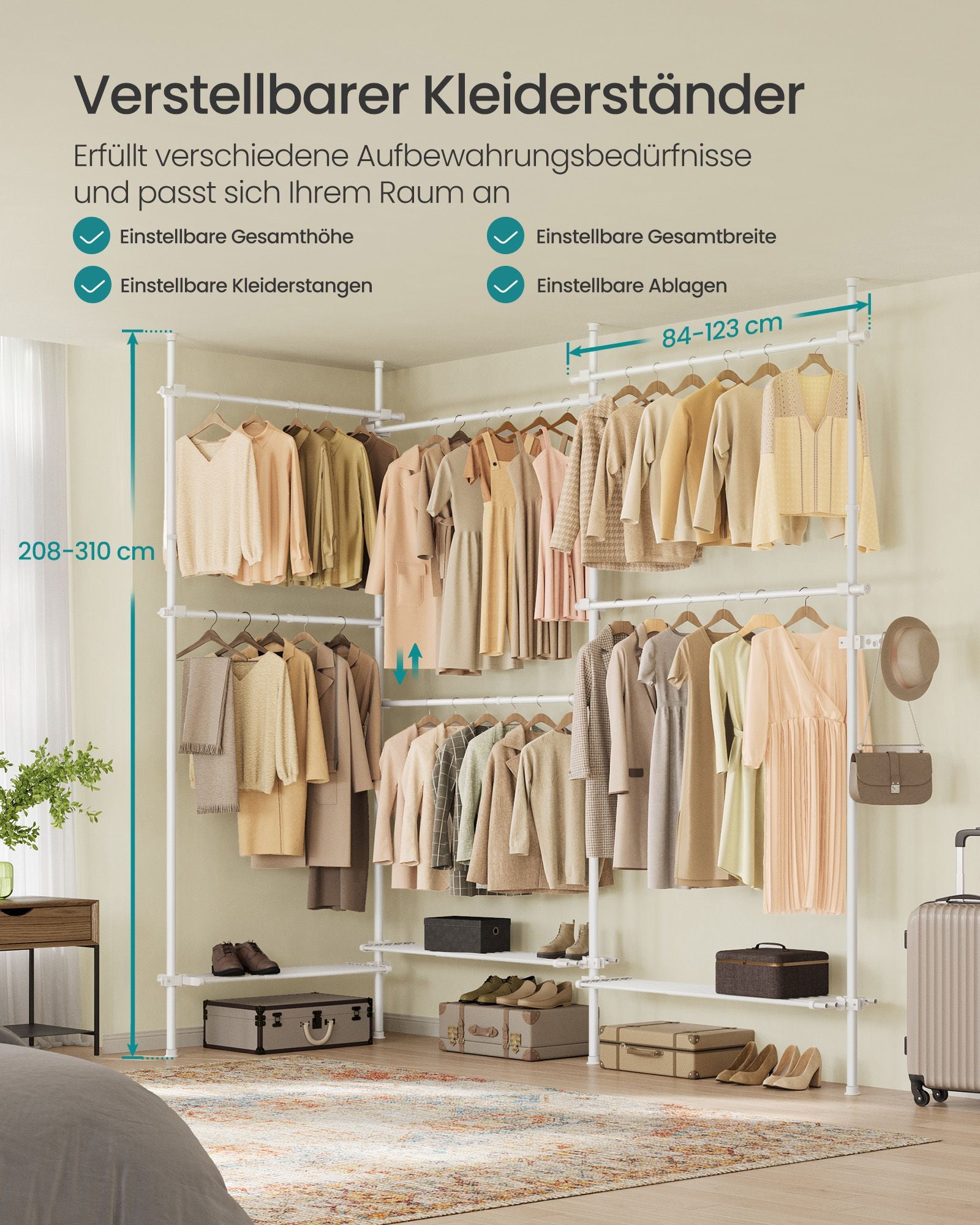 Kledingrek – 33,5 x (240-353) x (208-310) cm – Plafondhoog – Met legplanken – Tot 137,5 kg draagvermogen