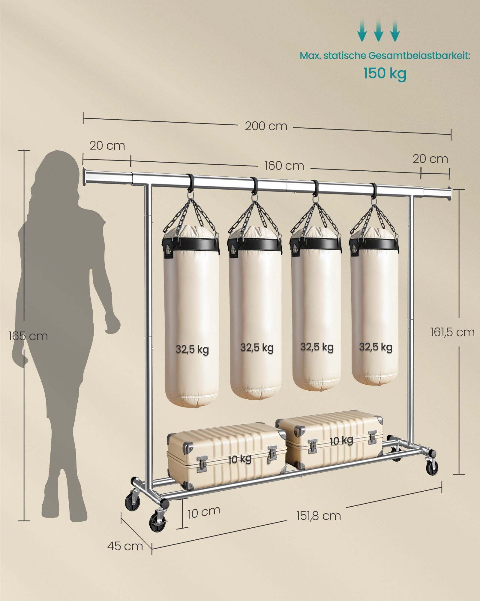 Kledingrek op Wielen – Uitschuifbare Roede 160–200 cm – 150 kg Draagvermogen – Zilver
