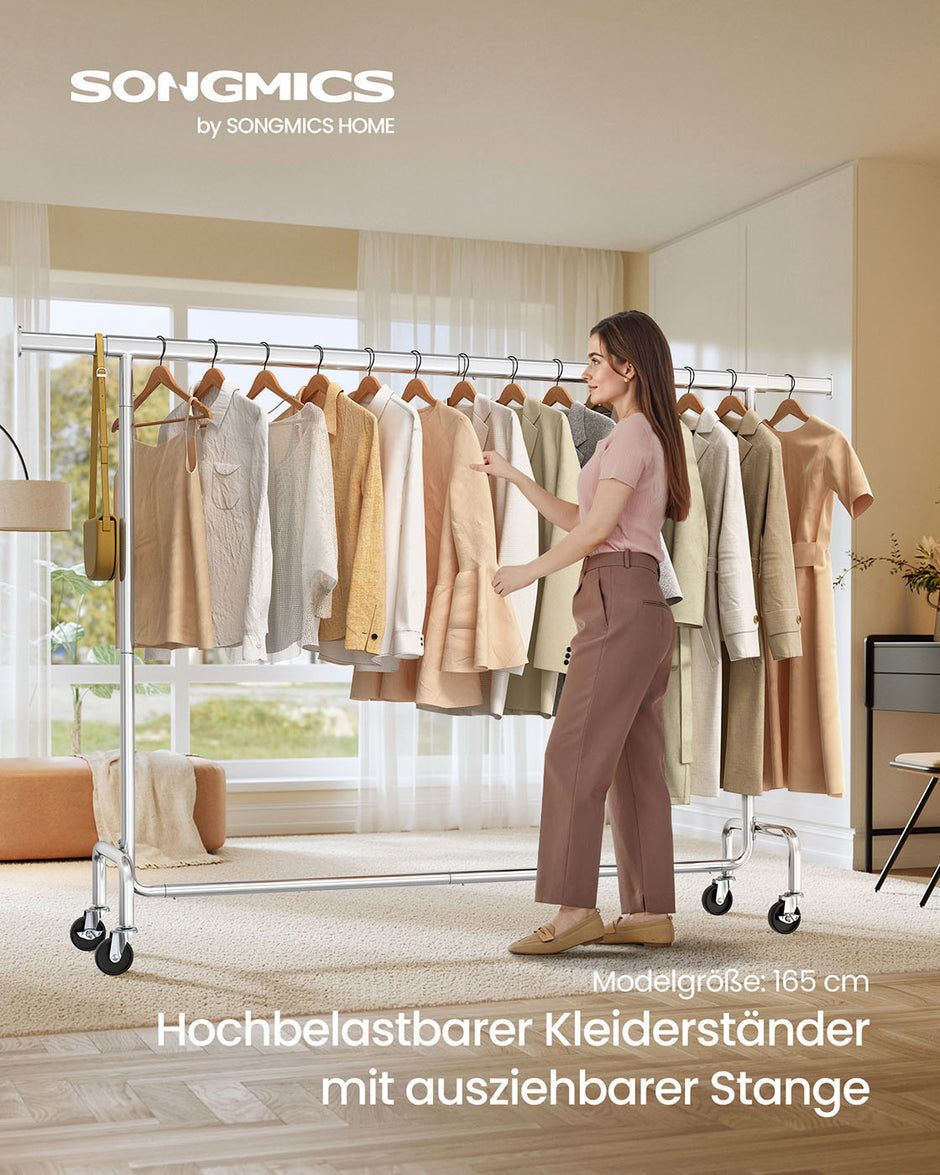 Uitschuifbaar kledingrek (160-200 cm) - Draagvermogen tot 110 kg - Draaiende 360° wielen
