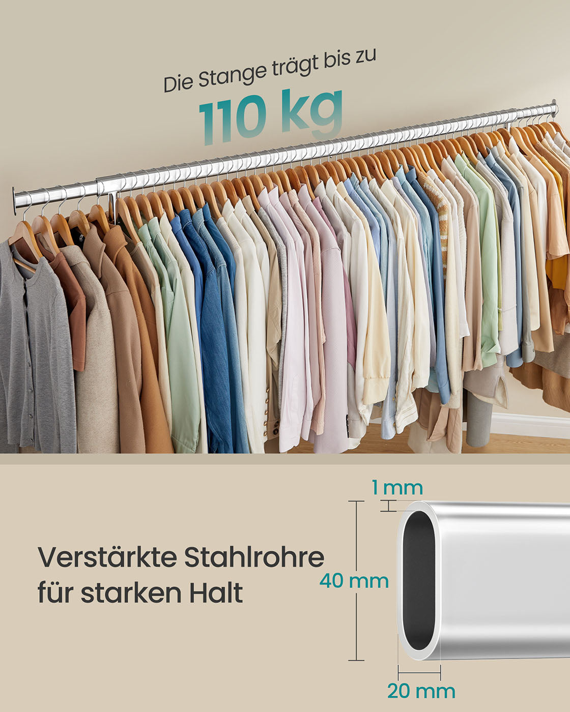 Uitschuifbaar kledingrek (160-200 cm) - Draagvermogen tot 110 kg - Draaiende 360° wielen