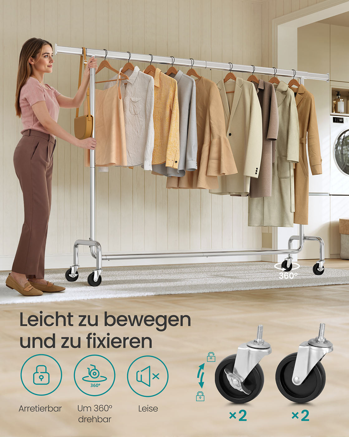 Uitschuifbaar kledingrek (160-200 cm) - Draagvermogen tot 110 kg - Draaiende 360° wielen