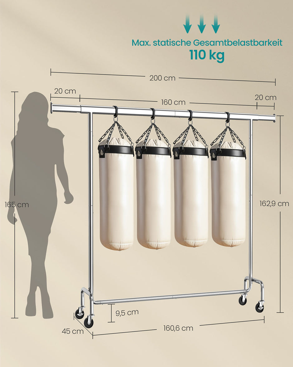 Uitschuifbaar kledingrek (160-200 cm) - Draagvermogen tot 110 kg - Draaiende 360° wielen