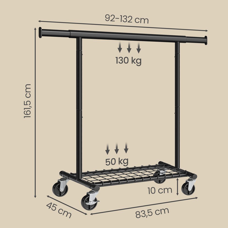 Kledingrek op Wieltjes – Uitschuifbaar 92-132 cm – Met Onderplank – Tot 180 kg – Zwart