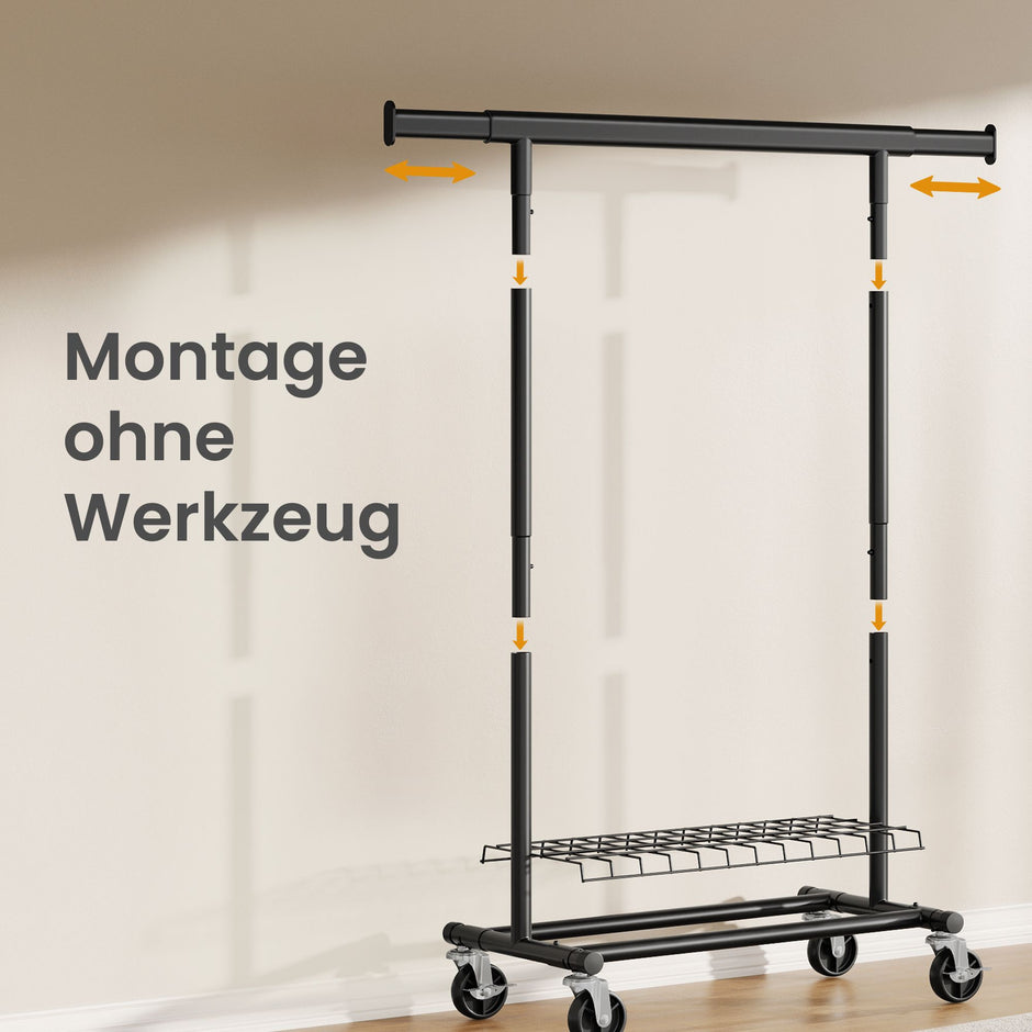 Kledingrek op Wieltjes – Uitschuifbaar 92-132 cm – Met Onderplank – Tot 180 kg – Zwart