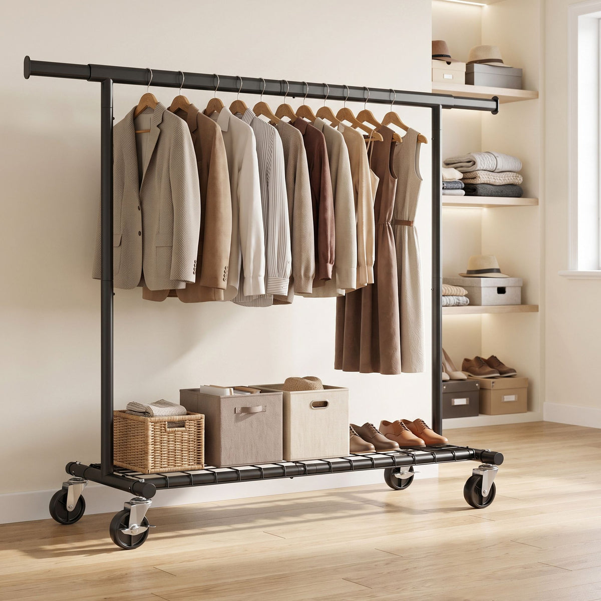 Kledingrek op Wieltjes – Uitschuifbaar 160-200 cm – Met Onderplank – Tot 180 kg – Zwart