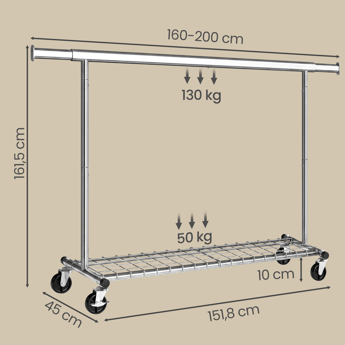 Kledingrek op Wieltjes – Uitschuifbaar 160-200 cm – Met Onderplank – Tot 180 kg – Zilver