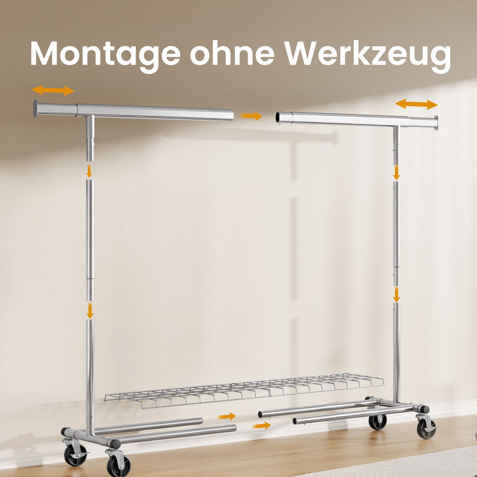 Kledingrek op Wieltjes – Uitschuifbaar 160-200 cm – Met Onderplank – Tot 180 kg – Zilver