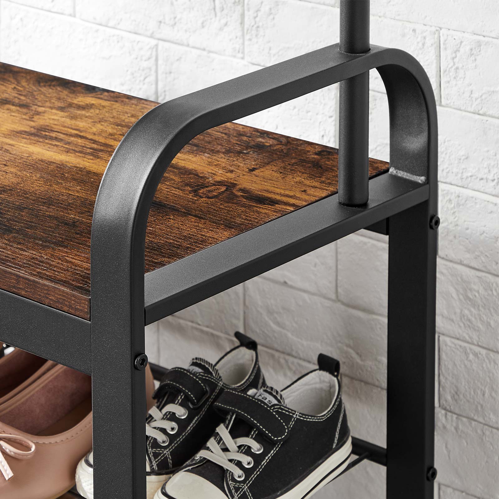 Kapstok met zitbank en 9 haken in vintage bruin-zwart