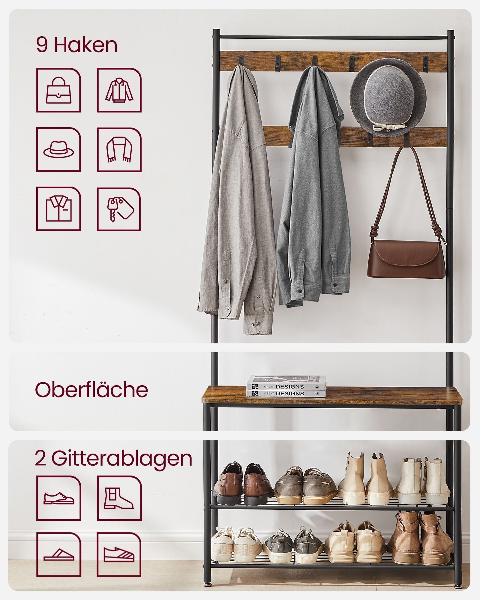 Kapstok met schoenenbank en 9 haken – 4-in-1 multifunctioneel – tot 90 kg draagvermogen