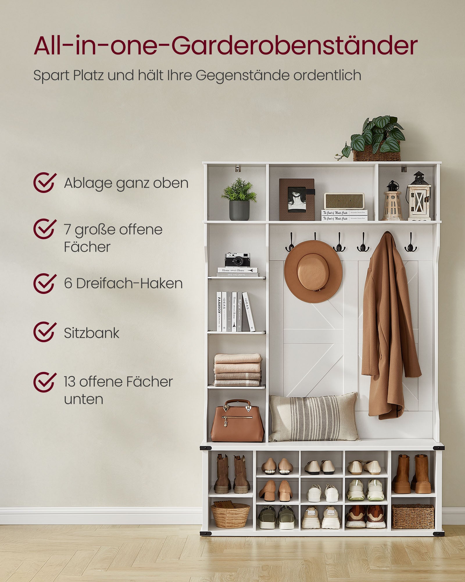 Kapstok met schoenenbank – 4-in-1 design – Tot 136 kg draagvermogen – Verstelbare planken