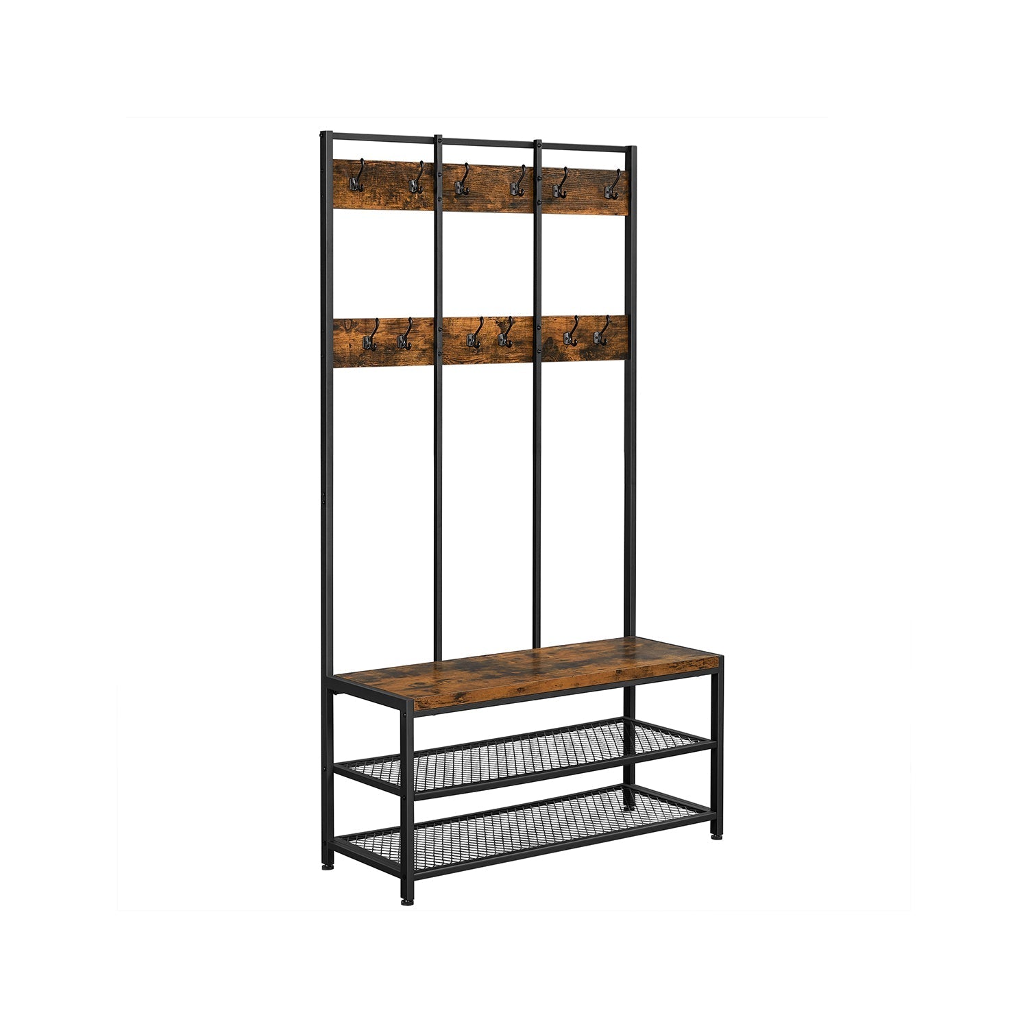 Kapstok met bank - 12 kleerhaken - Schoenenrek - Industrieel ontwerp - Stevig stalen frame