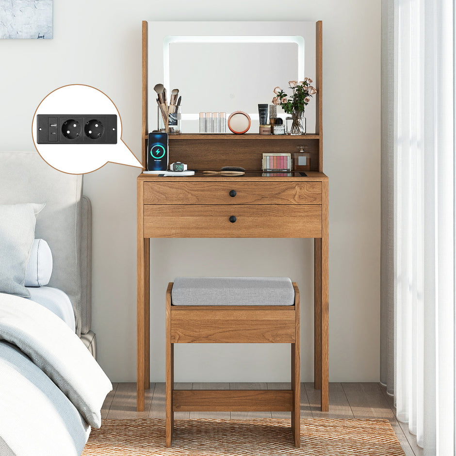 Sminkbord – med Kuddad Pall och Eluttag Färg LED Spegel Skönhetsbord – 3 – Brun