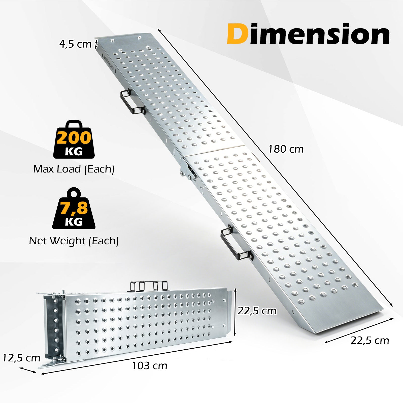 Hopfällbar – lätt lastramp i metall, stycken, som klarar upp till belastning – 2 400 kg 180 x 22,5 x 4,5 cm