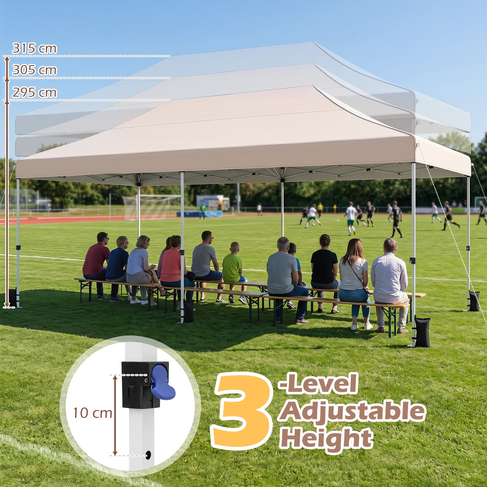 Hopfällbar – paviljong med fyra sidoväggar höjdläsbar pop up – 3 x 6 m – Beige