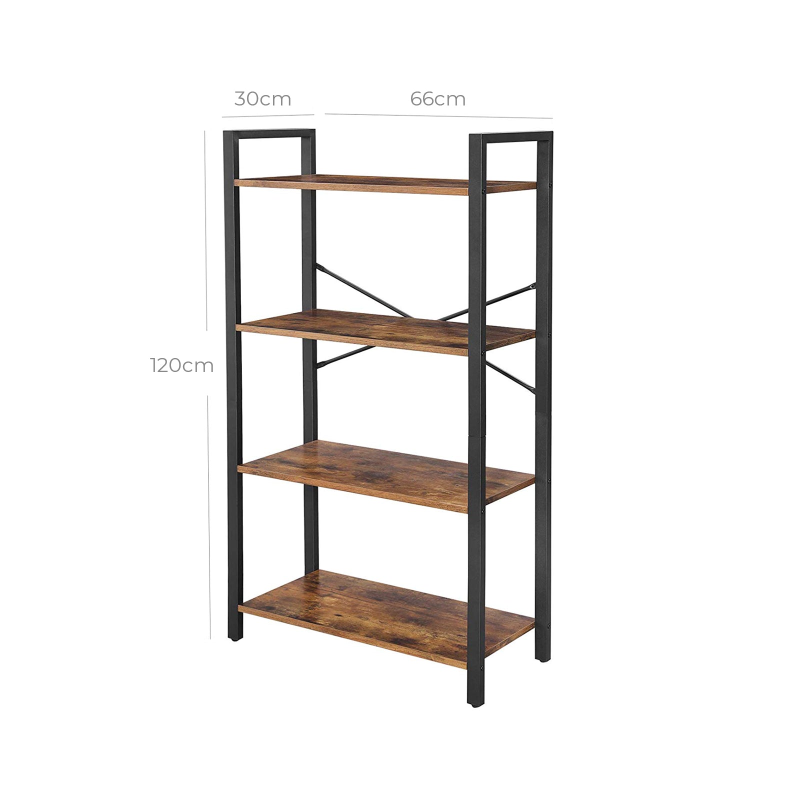 Boekenkast - 4 niveaus - Opbergrek met stalen frame - 120 cm hoog - Bruin/Zwart