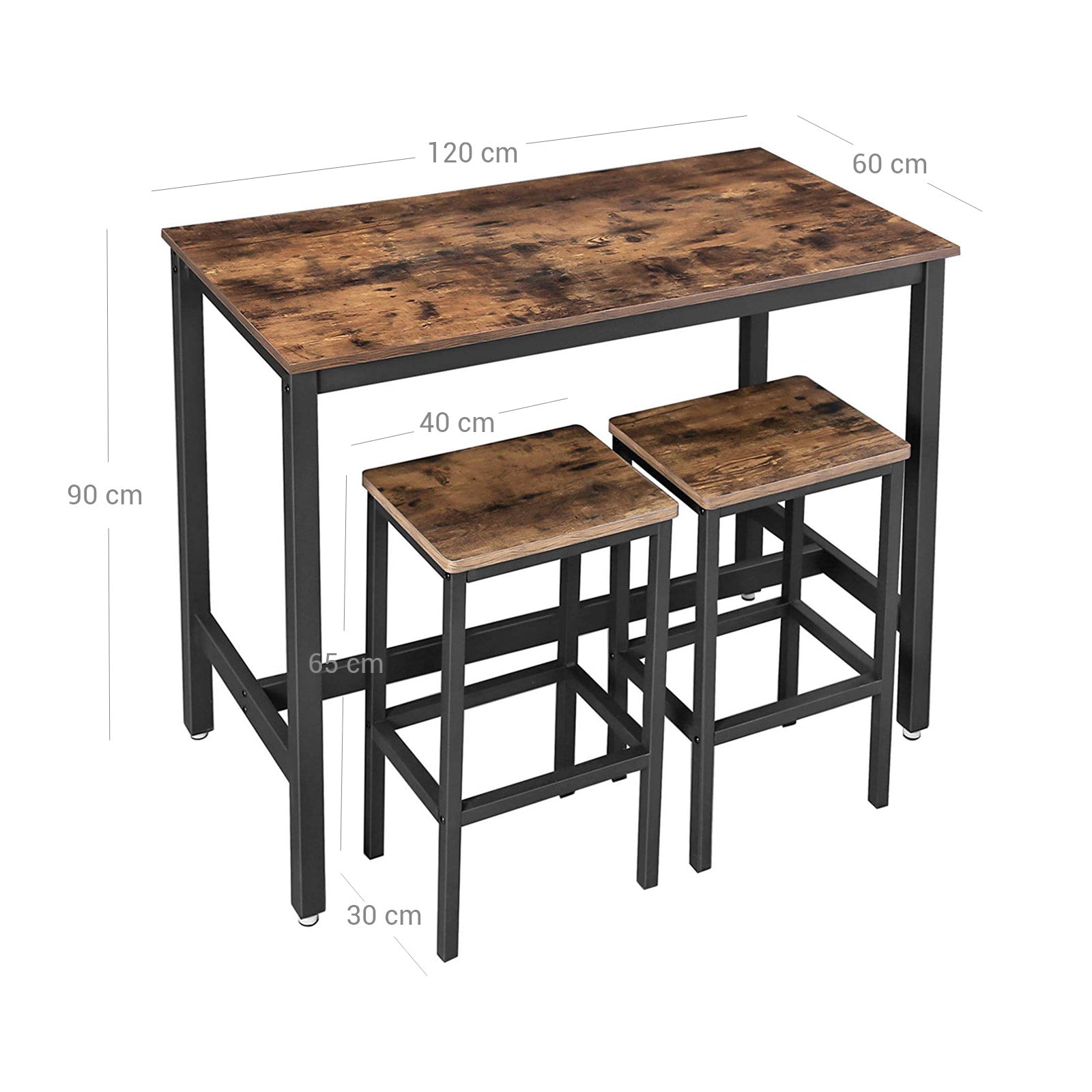 Bartafel - Set met 2 barkrukken - Hoge tafel - 120 x 60 x 90 cm - Vintage bruin/zwart