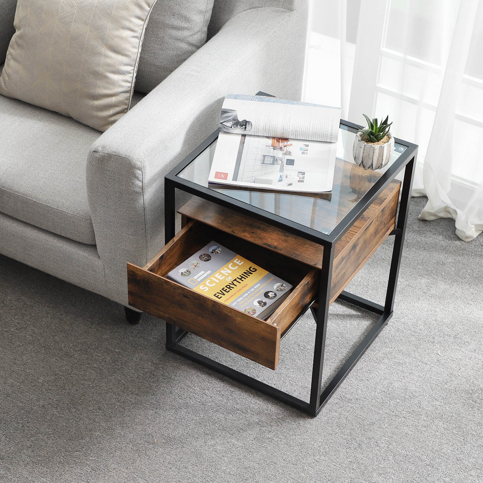 Nachtkastje met lade – Glazen blad – Verstelbare plank – Zwart staal en hout