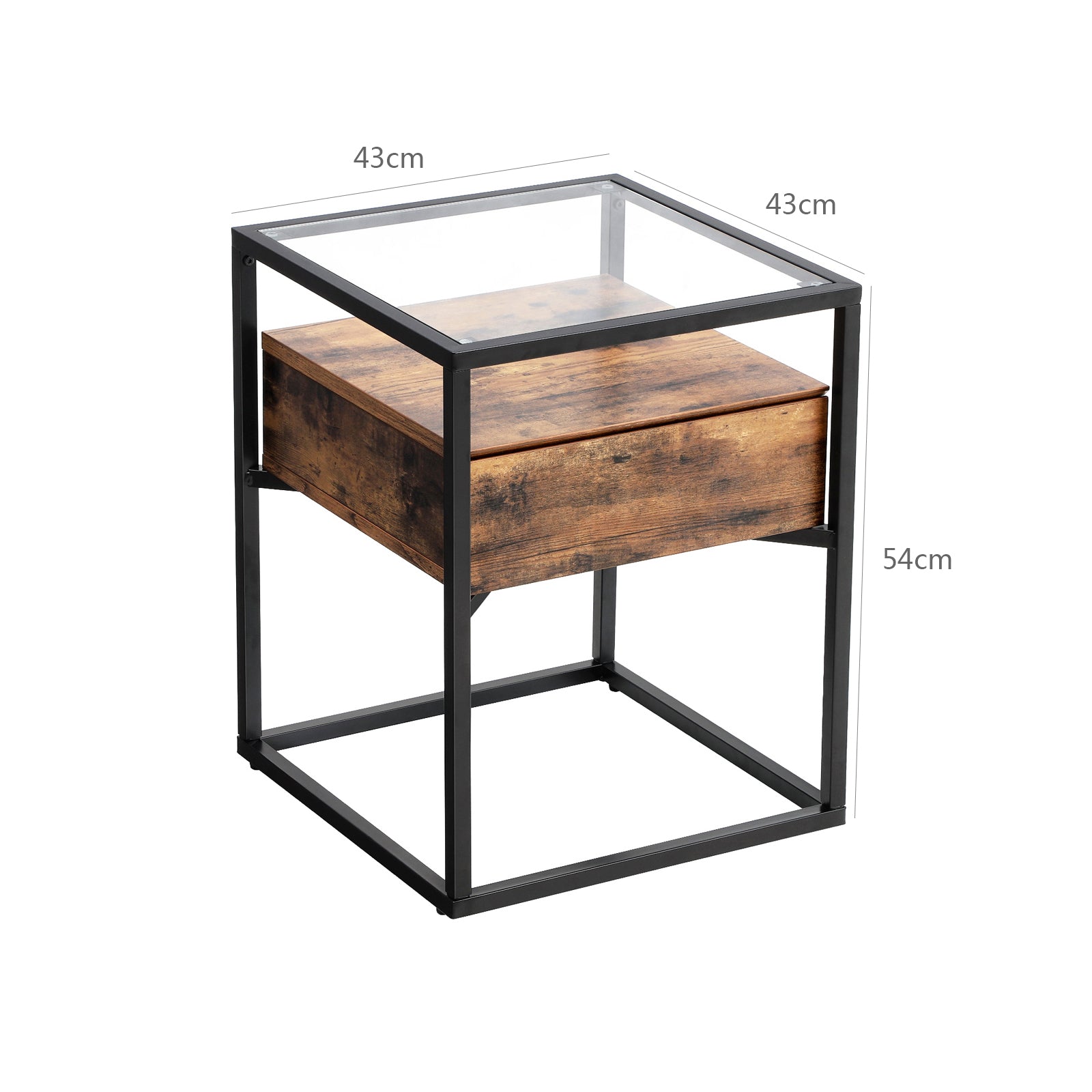 Nachtkastje met lade – Glazen blad – Verstelbare plank – Zwart staal en hout
